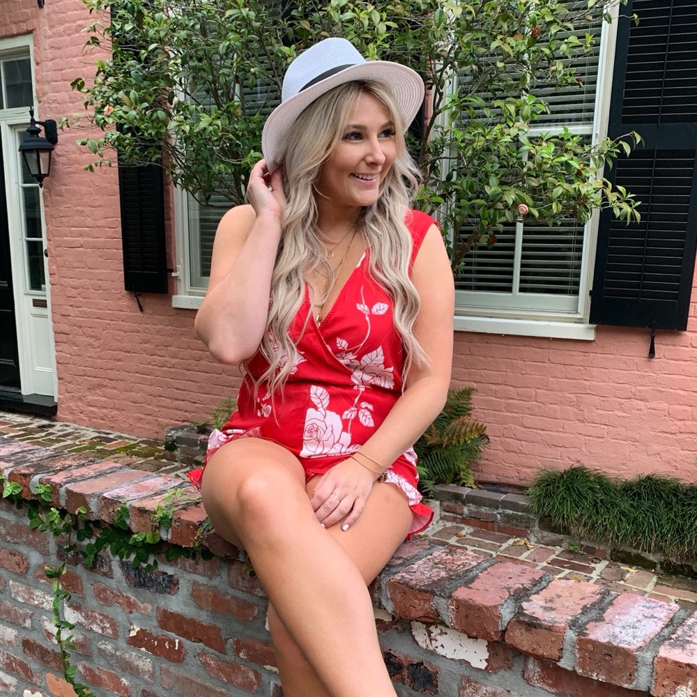 Red Floral Wrap Romper - Women